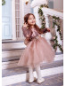 Long Sleeve Cocoa Lace Tulle Beaded Flower Girl Dress